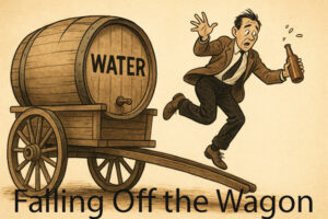 Cartoon image of man with a beer bottle falling off a water wagon