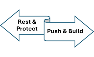 Image of an arrow pointing in different directions between choice of rest & protect and push & build