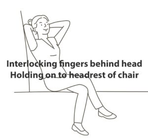 A female sitting with her hands behind her head or holding on to head rest of the chair to ease shoulder pain