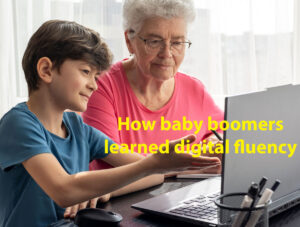 older person learning digital fluency from younger family member